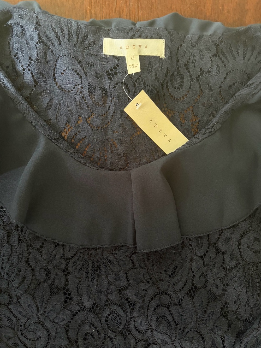 NWT AdiVa Navy Blue Lace Blouse with Chiffon Ruffle Size XL